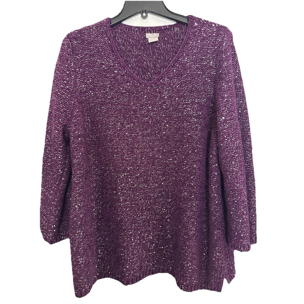 Chico’s Sequined Shimmer V-Neck 3/4 Sleeve Pullover Sweater Eggplant Size 3